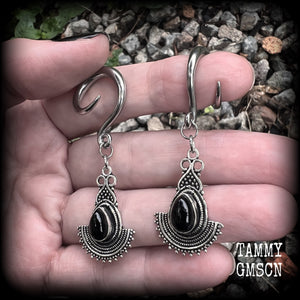 Black obsidian gauged earrings-Gemstone ear gauges