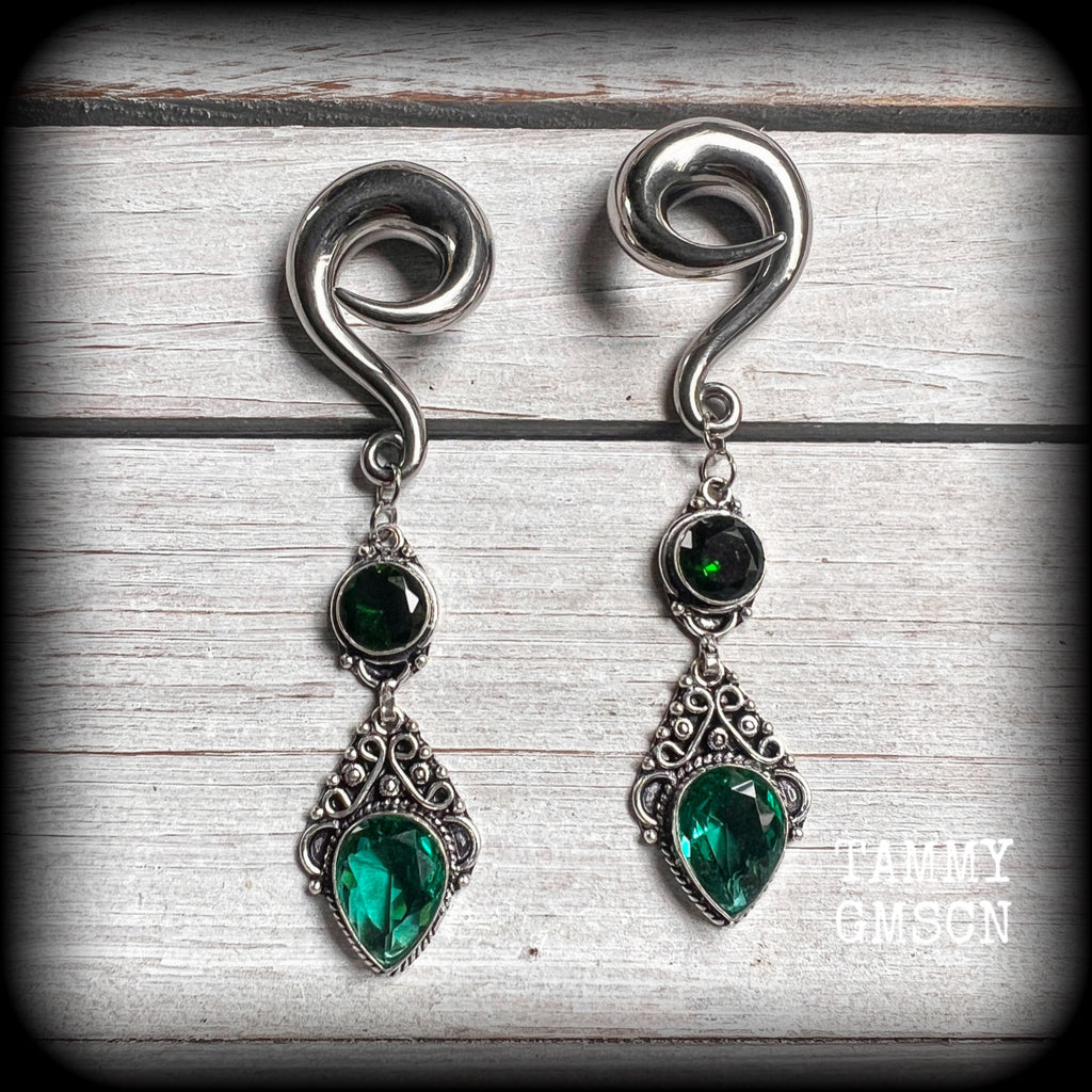 Green quartz and blue  topaz boho gauged earrings-Gemstone ear weights