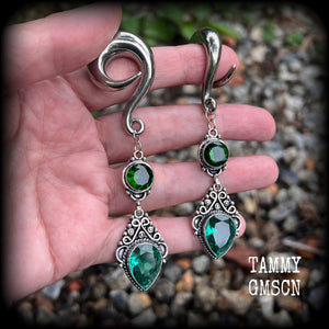 Green quartz and blue  topaz boho gauged earrings-Gemstone ear weights