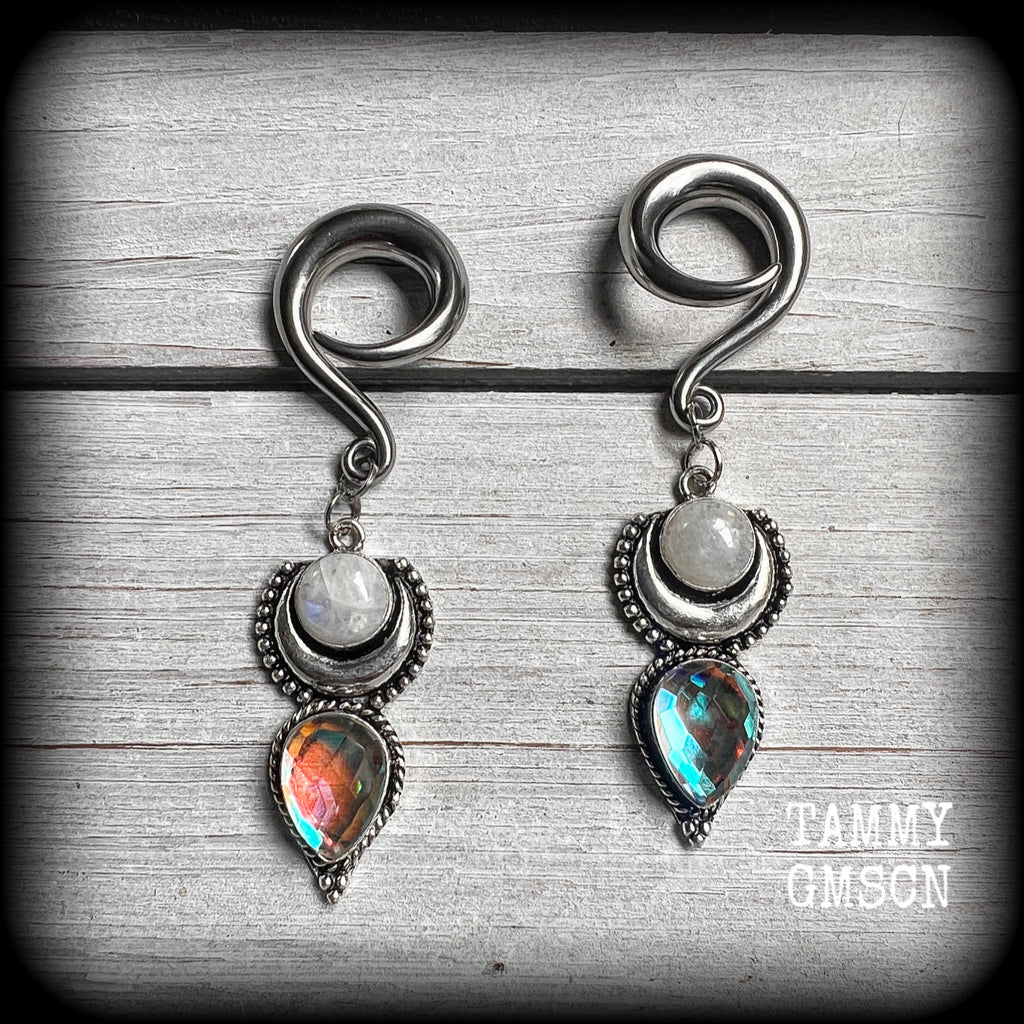 Rainbow moonstone and fire topaz gauged earrings-Hanging gauges