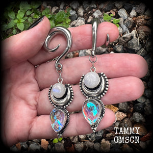 Rainbow moonstone and fire topaz gauged earrings-Hanging gauges