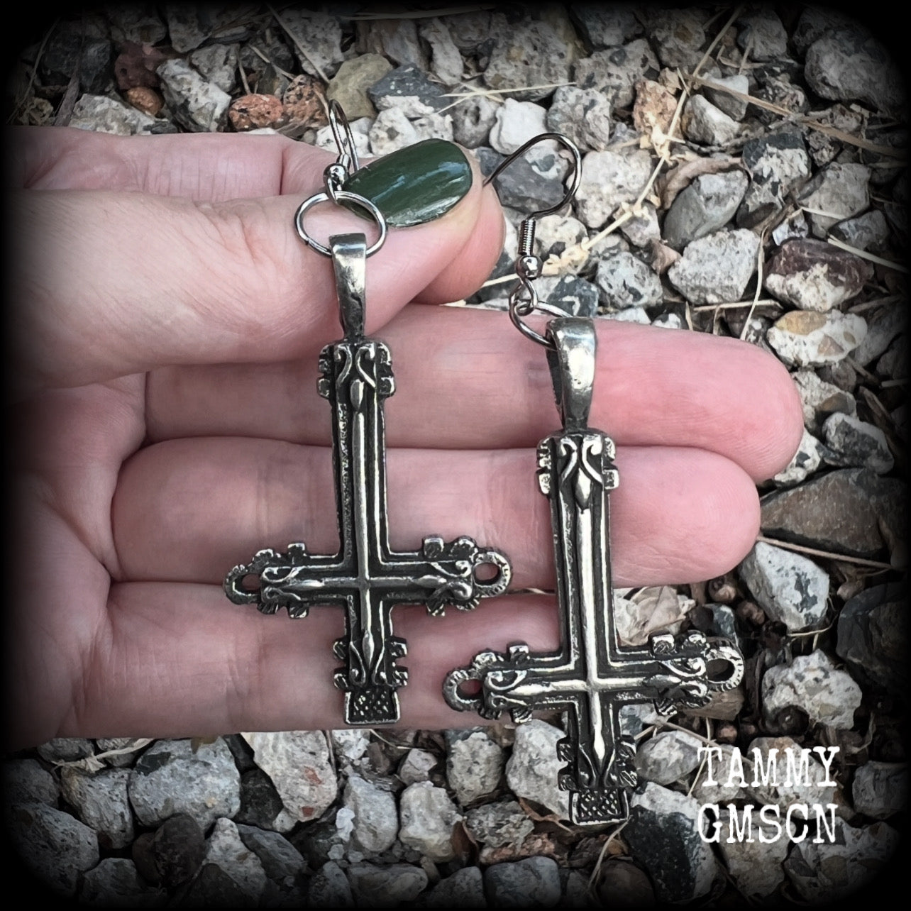 These gorgeous gothic pewter 'Inverted Cross' earrings measure just on 8cms from tip to tip, and weigh approx 8 grams a piece.
This pair have been made on stainless steel french hooks, suitable for pierced ears.