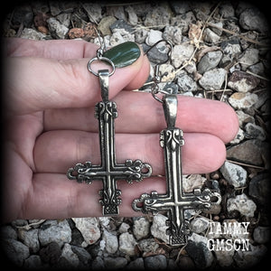 These gorgeous gothic pewter 'Inverted Cross' earrings measure just on 8cms from tip to tip, and weigh approx 8 grams a piece.
This pair have been made on stainless steel french hooks, suitable for pierced ears.