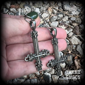These gorgeous gothic pewter 'Inverted Cross' earrings measure just on 8cms from tip to tip, and weigh approx 8 grams a piece.
This pair have been made on stainless steel french hooks, suitable for pierced ears.