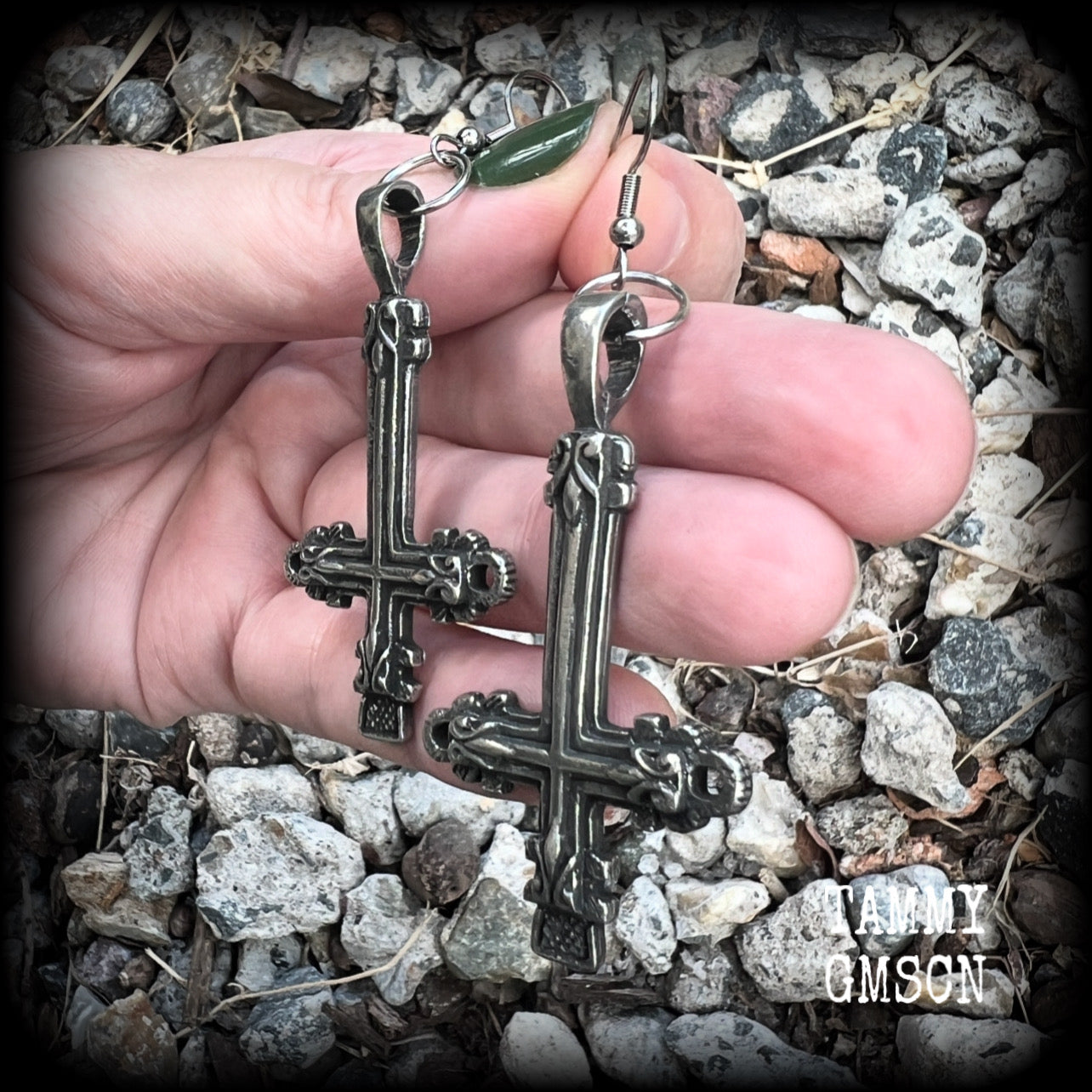 These gorgeous gothic pewter 'Inverted Cross' earrings measure just on 8cms from tip to tip, and weigh approx 8 grams a piece.
This pair have been made on stainless steel french hooks, suitable for pierced ears.