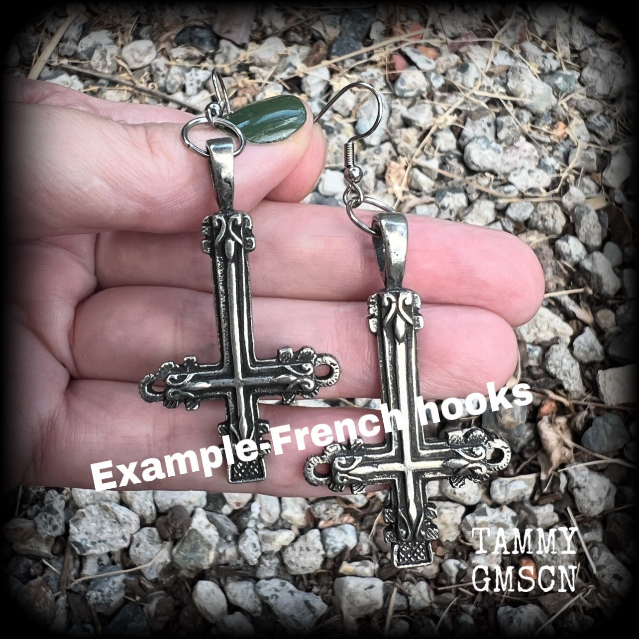 These gorgeous gothic pewter 'Inverted Cross' earrings measure just on 8cms from tip to tip, and weigh approx 8 grams a piece.
This pair have been made on stainless steel french hooks, suitable for pierced ears.