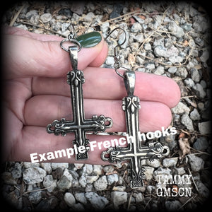 These gorgeous gothic pewter 'Inverted Cross' earrings measure just on 8cms from tip to tip, and weigh approx 8 grams a piece.
This pair have been made on stainless steel french hooks, suitable for pierced ears.