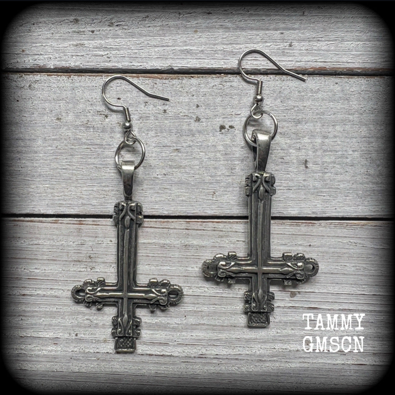 These gorgeous gothic pewter 'Inverted Cross' earrings measure just on 8cms from tip to tip, and weigh approx 8 grams a piece.
This pair have been made on stainless steel french hooks, suitable for pierced ears.