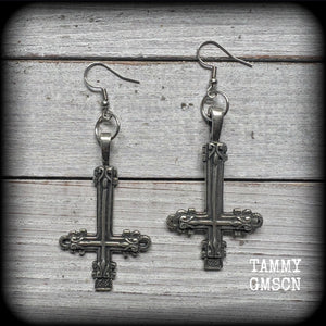 These gorgeous gothic pewter 'Inverted Cross' earrings measure just on 8cms from tip to tip, and weigh approx 8 grams a piece.
This pair have been made on stainless steel french hooks, suitable for pierced ears.