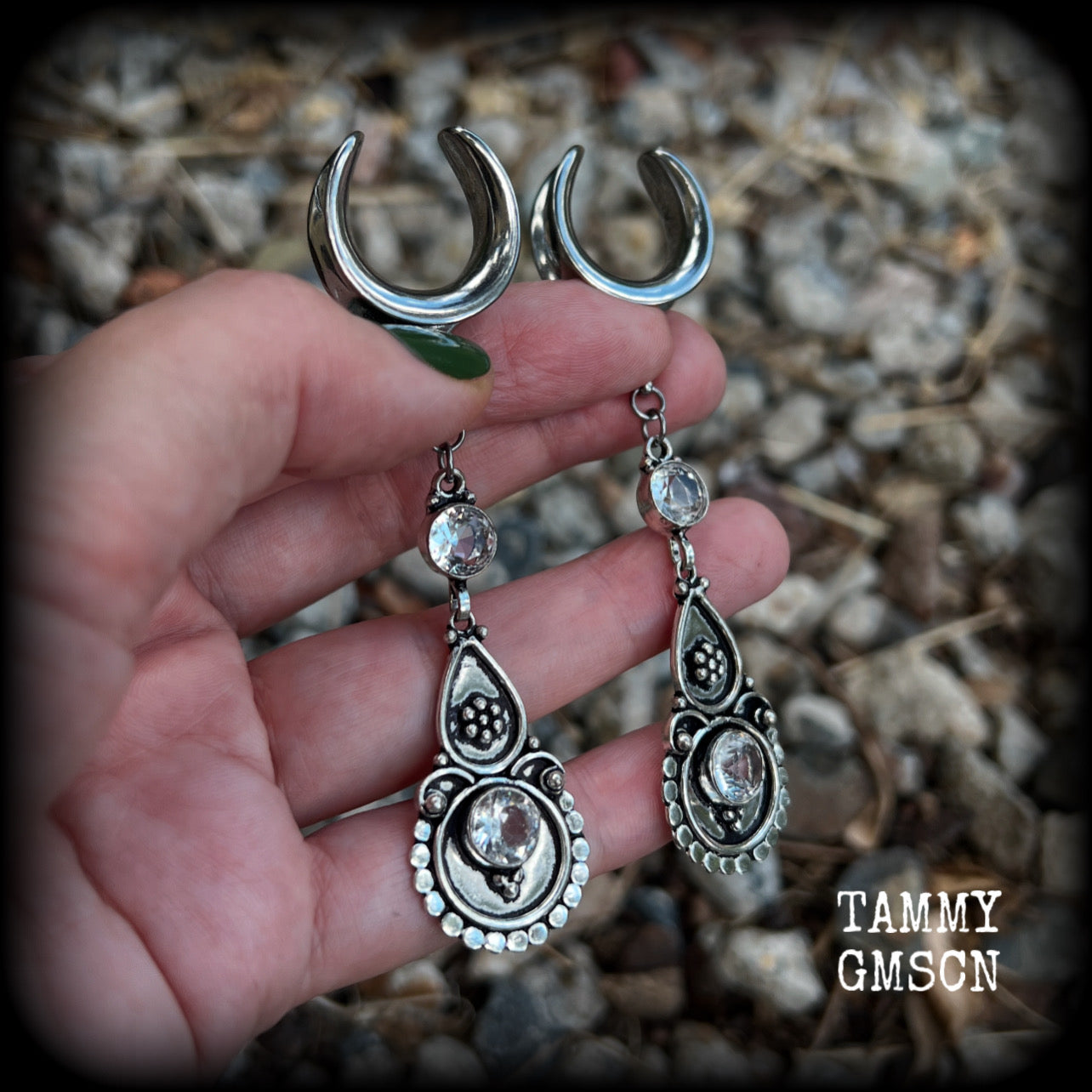These gorgeous dangly gauged earrings feature beautiful faceted White topaz gemstones, lovely and dangly measuring just over 9cms from tip to tip, and weighing approx 11 grams each. 
These earrings have been made on 5/8” (16mm) surgical steel cradles
