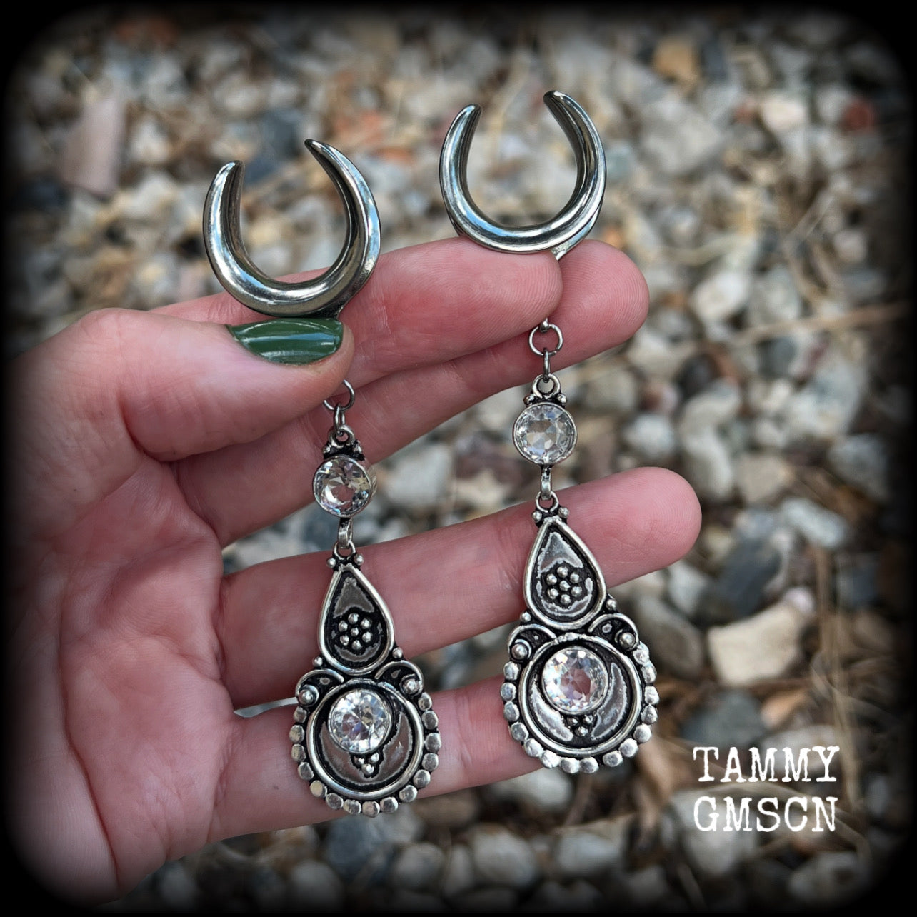 These gorgeous dangly gauged earrings feature beautiful faceted White topaz gemstones, lovely and dangly measuring just over 9cms from tip to tip, and weighing approx 11 grams each. 
These earrings have been made on 5/8” (16mm) surgical steel cradles