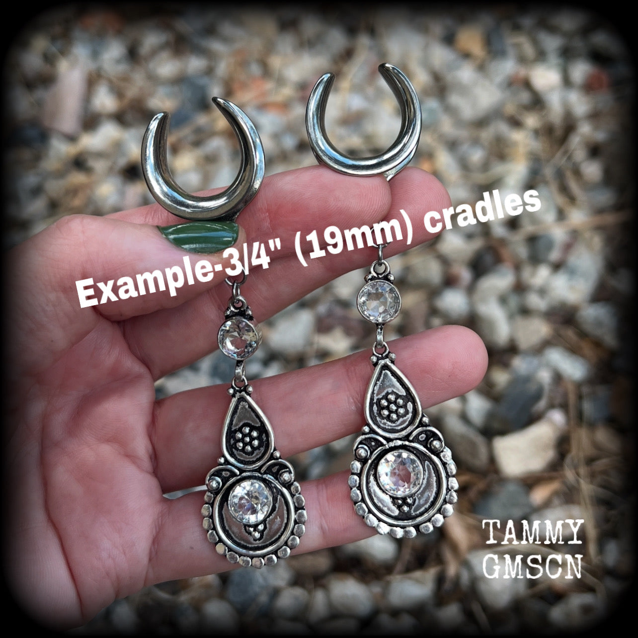 These gorgeous dangly gauged earrings feature beautiful faceted White topaz gemstones, lovely and dangly measuring just over 9cms from tip to tip, and weighing approx 11 grams each. 
These earrings have been made on 5/8” (16mm) surgical steel cradles