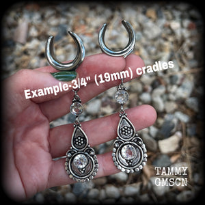These gorgeous dangly gauged earrings feature beautiful faceted White topaz gemstones, lovely and dangly measuring just over 9cms from tip to tip, and weighing approx 11 grams each. 
These earrings have been made on 5/8” (16mm) surgical steel cradles