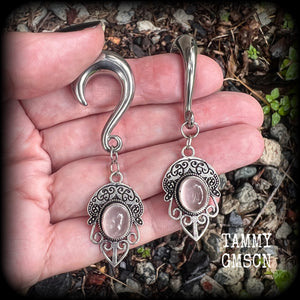 Rose quartz gauged earrings-Gemstone ear weights