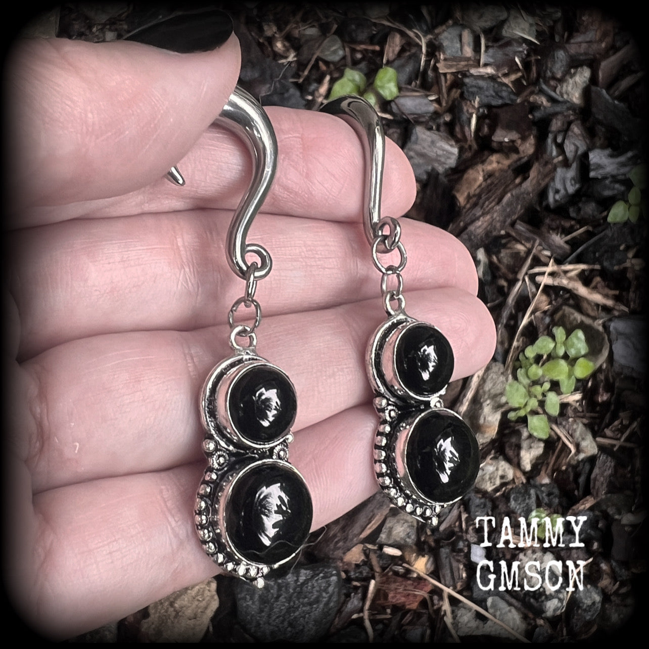 Black obsidian hanging gauges-Gemstone ear gauges