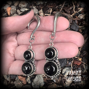 Black obsidian hanging gauges-Gemstone ear gauges