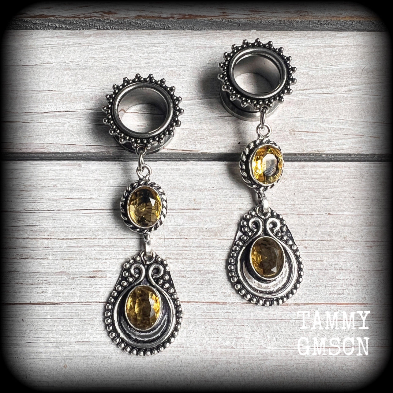 Citrine gemstone tunnel earrings-Ornate boho ear gauges