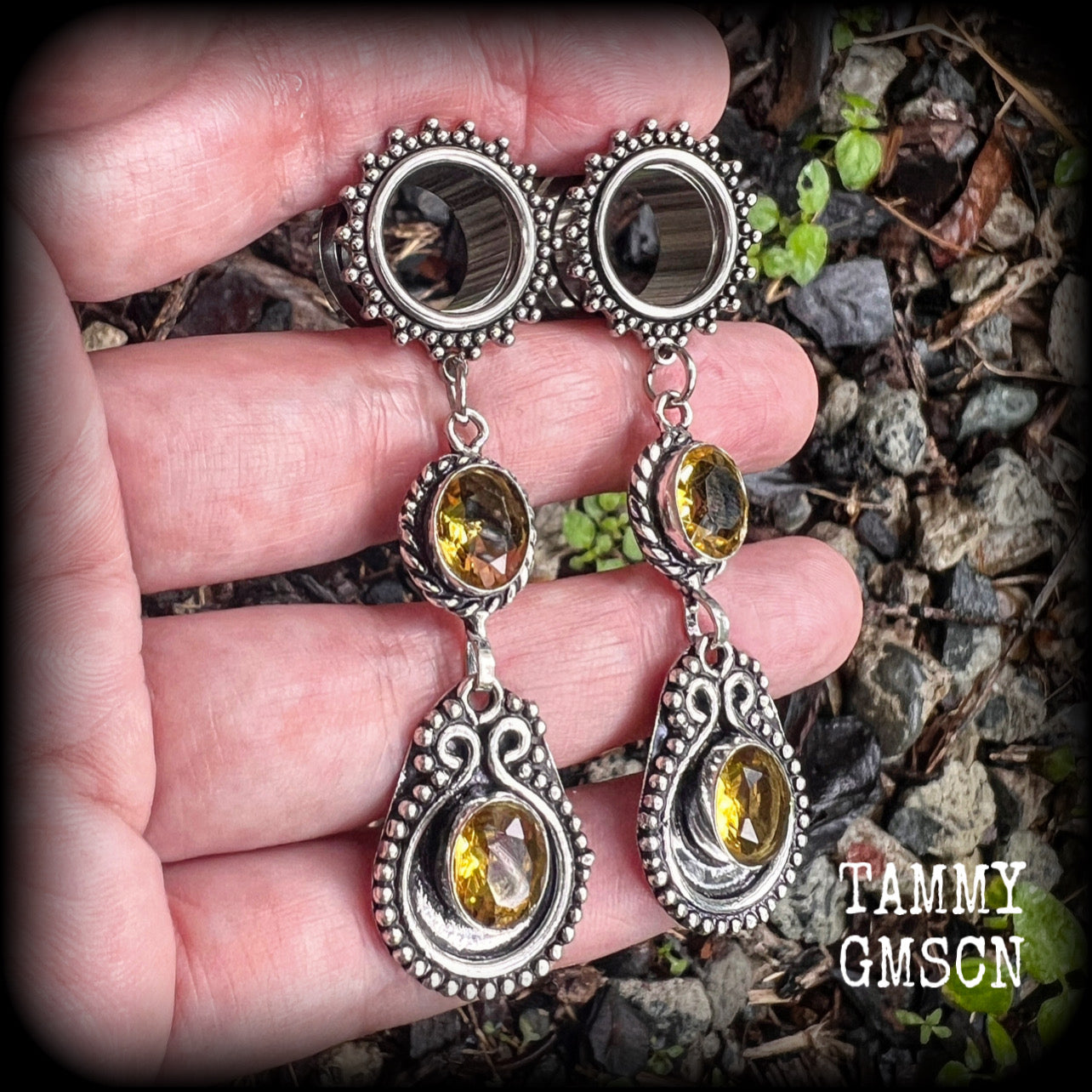 Citrine gemstone tunnel earrings-Ornate boho ear gauges