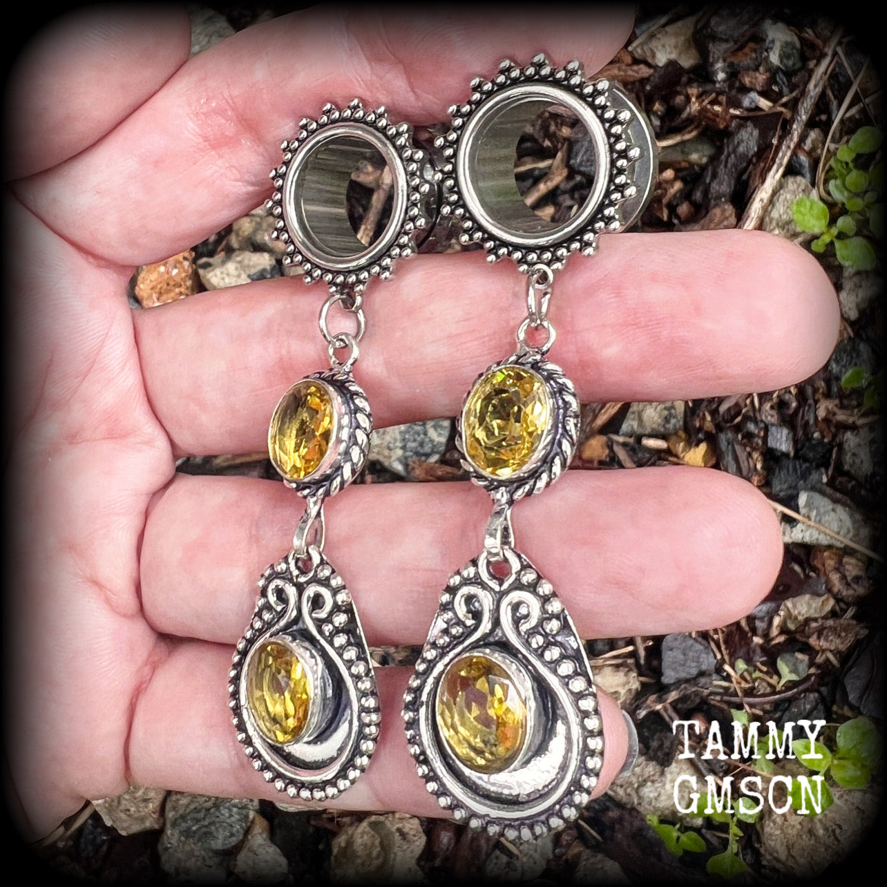 Citrine gemstone tunnel earrings-Ornate boho ear gauges