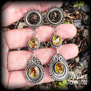 Citrine gemstone tunnel earrings-Ornate boho ear gauges