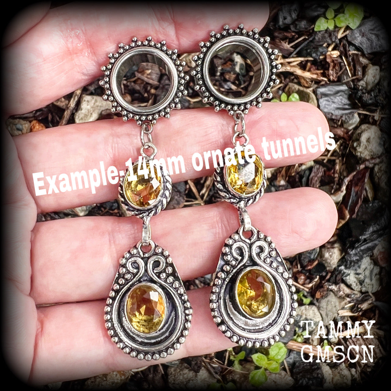 Citrine gemstone tunnel earrings-Ornate boho ear gauges