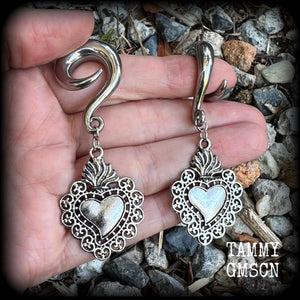 Sacred heart gauged earrings Milagros heart ear hangers 0 gauge ear weights Stretched ears Stretched lobes Gauged ears Gauged lobes Ear gauges 6g 2g 00g 1/2 9/6 5/8 3/4 7/8 1 1.10 1.18 4mm 6mm 8mm 10mm 12mm 14mm 16mm 19mm 22mm 25mm 28mm 30mm