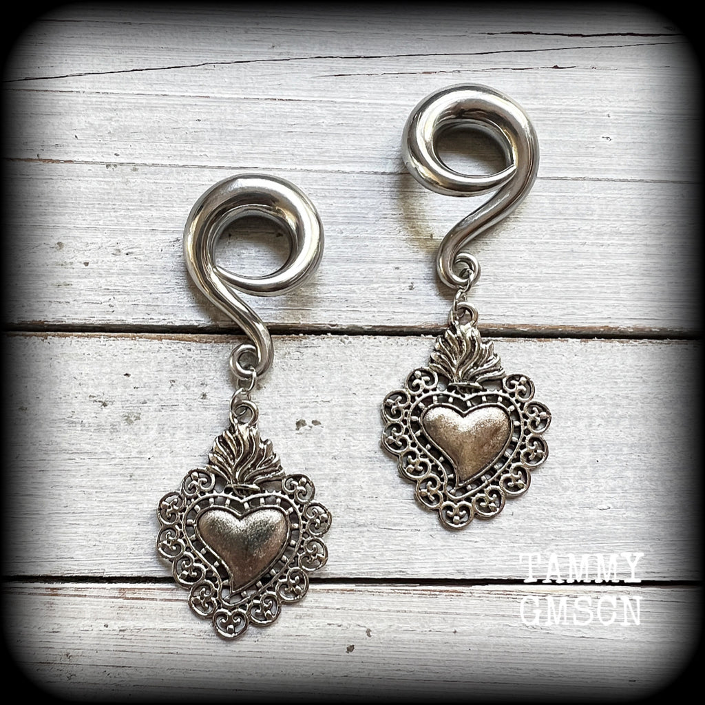Sacred heart gauged earrings Milagros heart ear hangers 0 gauge ear weights Stretched ears Stretched lobes Gauged ears Gauged lobes Ear gauges 6g 2g 00g 1/2 9/6 5/8 3/4 7/8 1 1.10 1.18 4mm 6mm 8mm 10mm 12mm 14mm 16mm 19mm 22mm 25mm 28mm 30mm