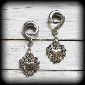 Sacred heart gauged earrings Milagros heart ear hangers 0 gauge ear weights Stretched ears Stretched lobes Gauged ears Gauged lobes Ear gauges 6g 2g 00g 1/2 9/6 5/8 3/4 7/8 1 1.10 1.18 4mm 6mm 8mm 10mm 12mm 14mm 16mm 19mm 22mm 25mm 28mm 30mm
