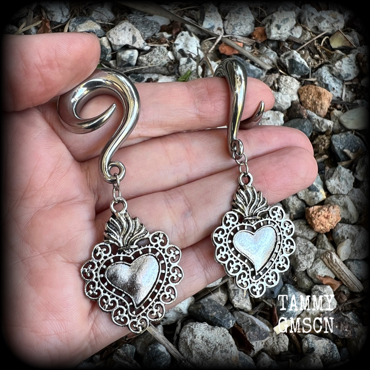Sacred heart gauged earrings Milagros heart ear hangers 0 gauge ear weights Stretched ears Stretched lobes Gauged ears Gauged lobes Ear gauges 6g 2g 00g 1/2 9/6 5/8 3/4 7/8 1 1.10 1.18 4mm 6mm 8mm 10mm 12mm 14mm 16mm 19mm 22mm 25mm 28mm 30mm