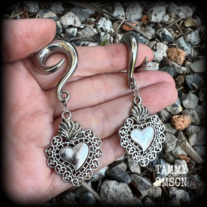 Sacred heart gauged earrings Milagros heart ear hangers 0 gauge ear weights Stretched ears Stretched lobes Gauged ears Gauged lobes Ear gauges 6g 2g 00g 1/2 9/6 5/8 3/4 7/8 1 1.10 1.18 4mm 6mm 8mm 10mm 12mm 14mm 16mm 19mm 22mm 25mm 28mm 30mm
