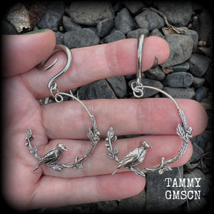 Featuring a gorgeous antique silver bird sitting on a branch wrapped with beautiful leafy vines, these delicate earrings measure just on 6.5 cms from tip to tip, and weigh approx 8 grams.
This pair have been made on 6 gauge (4mm) stainless steel full curl hooks, suitable for stretched lobes.