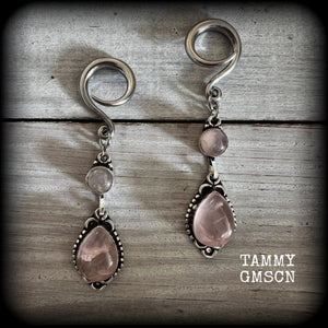 These beautiful boho earrings feature gorgeous polished dusty pink rose quartz gemstones, lovely and dangly measuring just over 7cms from tip to tip, and weighing approx 9 grams each. 

These earrings have been made on 6 gauge (4mm) stainless steel full curl hooks, to be worn in stretched lobes.
