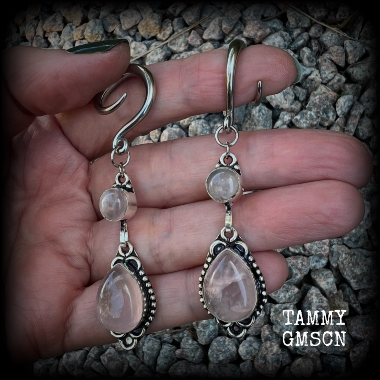 These beautiful boho earrings feature gorgeous polished dusty pink rose quartz gemstones, lovely and dangly measuring just over 7cms from tip to tip, and weighing approx 9 grams each. 

These earrings have been made on 6 gauge (4mm) stainless steel full curl hooks, to be worn in stretched lobes.
