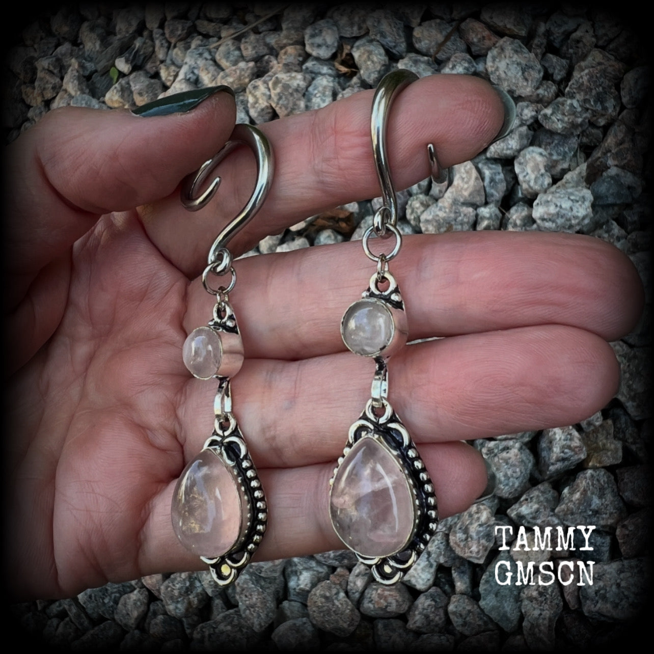 These beautiful boho earrings feature gorgeous polished dusty pink rose quartz gemstones, lovely and dangly measuring just over 7cms from tip to tip, and weighing approx 9 grams each. 

These earrings have been made on 6 gauge (4mm) stainless steel full curl hooks, to be worn in stretched lobes.
