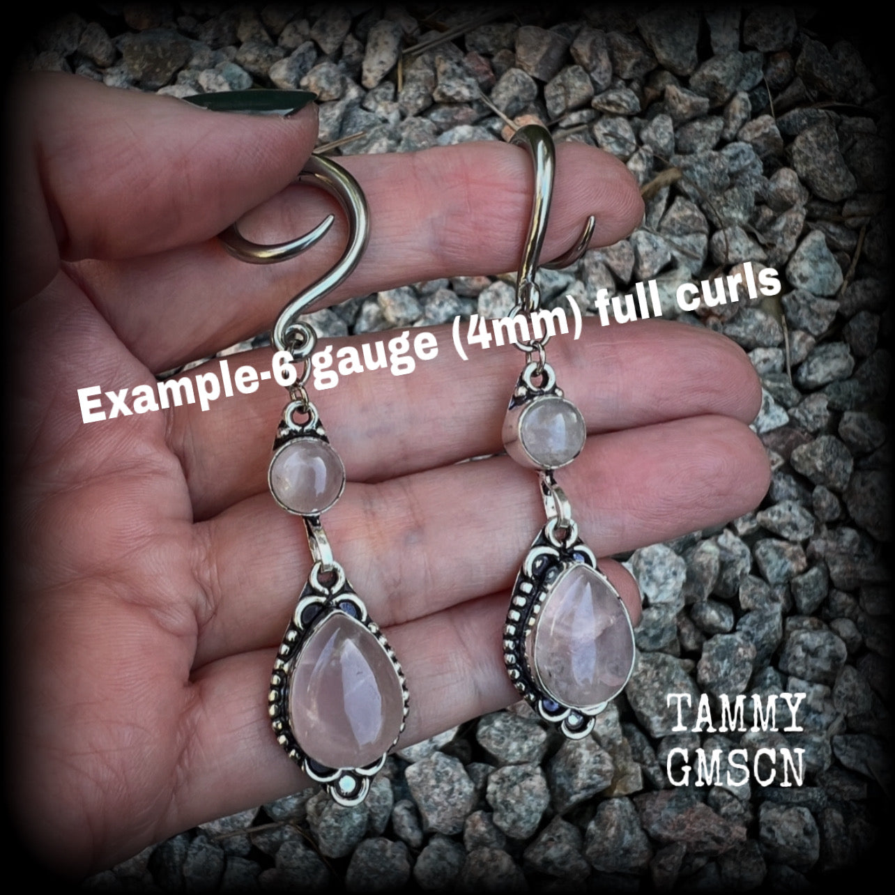 These beautiful boho earrings feature gorgeous polished dusty pink rose quartz gemstones, lovely and dangly measuring just over 7cms from tip to tip, and weighing approx 9 grams each. 

These earrings have been made on 6 gauge (4mm) stainless steel full curl hooks, to be worn in stretched lobes.
