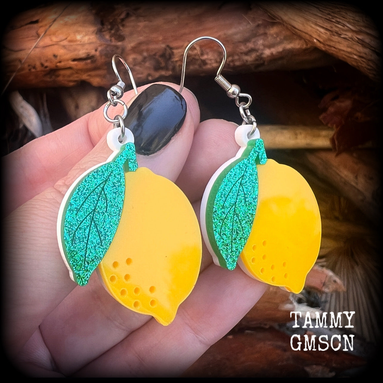 Gauged earrings Lemon earrings Citrus  Yuzu Fruit earrings Kitsch earrings Retro earrings Tunnels MCM jewelry Vegan Pierced ears Gauges Retro jewelry Fruit salad Gifts for vegans Novelty earrings Bright earrings Colourful earrings Retro jewelry Kitsch jewelry