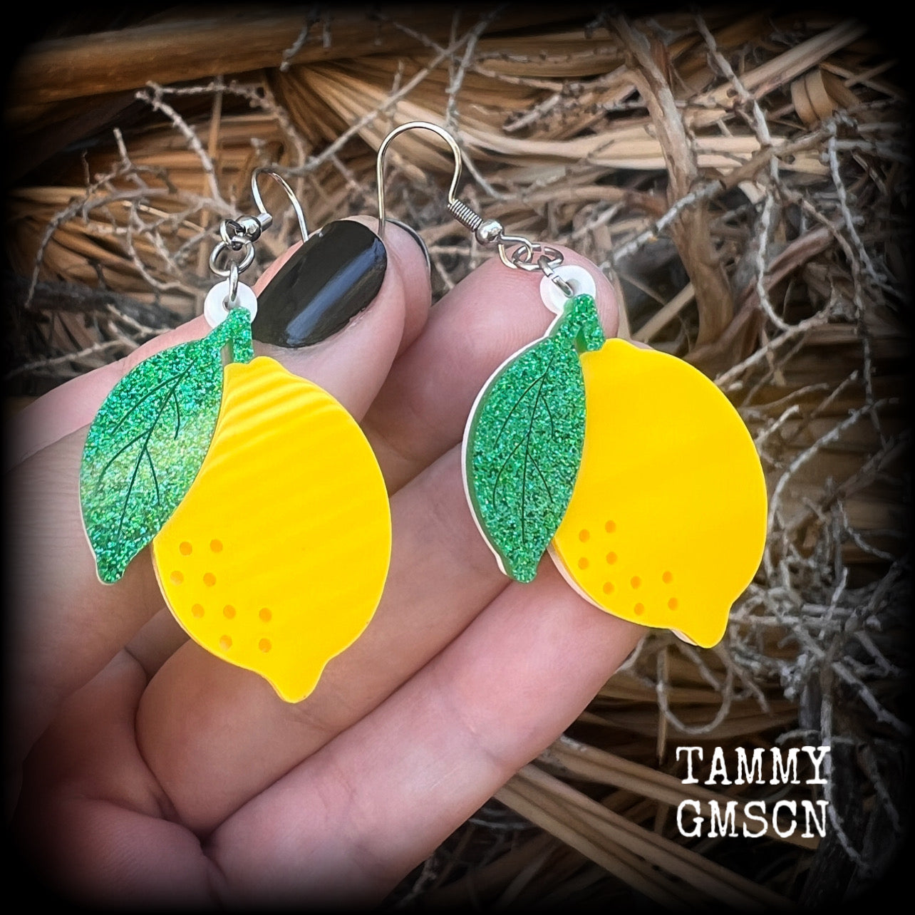 Gauged earrings Lemon earrings Citrus  Yuzu Fruit earrings Kitsch earrings Retro earrings Tunnels MCM jewelry Vegan Pierced ears Gauges Retro jewelry Fruit salad Gifts for vegans Novelty earrings Bright earrings Colourful earrings Retro jewelry Kitsch jewelry