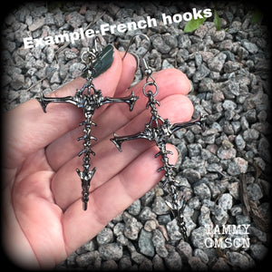These gorgeous gothic earrings feature gunmetal grey skeleton crosses, measuring just over 8 cms from tip to tip, and weigh approx 7 grams a piece.

This pair have been made on stainless steel french hooks, suitable for pierced ears.