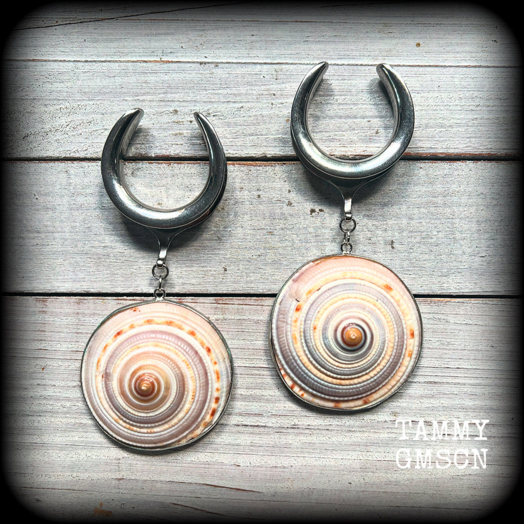 These gauged earrings feature beautiful big Giant sundail sea snail shells weighing in at 25 grams a piece, and nice and dangly at just over 10cms from tip to tip. 
This pair has been made on 1.18” gauge (30mm) surgical steel cradles