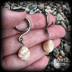 These gorgeous gauged earrings feature beautiful polished sea shell nuggets, weighing in at just 5 grams a piece, and measuring approx 5.5cms from tip to tip.
This pair has been made on 6 gauge (4mm) surgical steel full curl hooks
