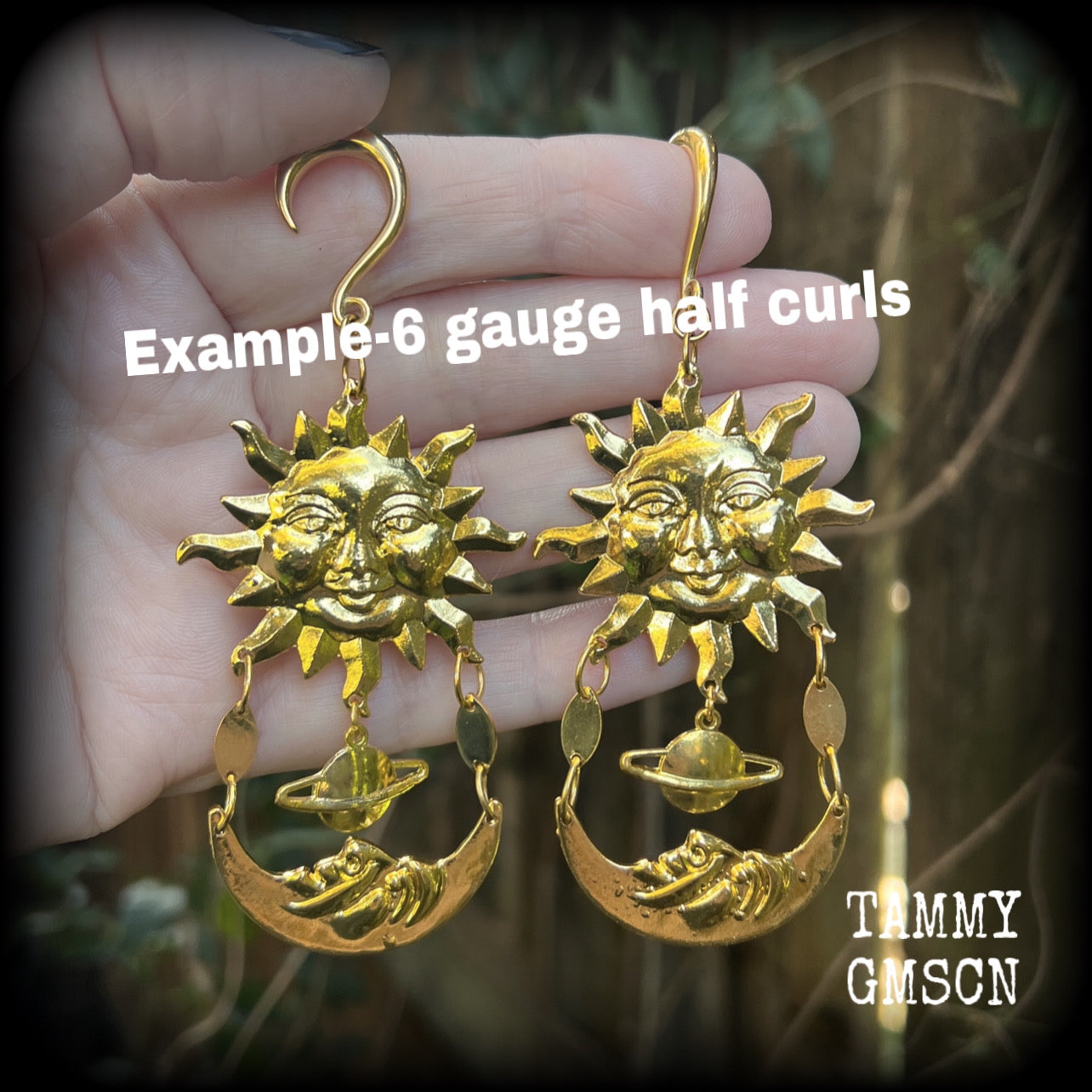 Esoteric sun and moon gauged earrings-Celestial ear weights-Folk horror ear gauges