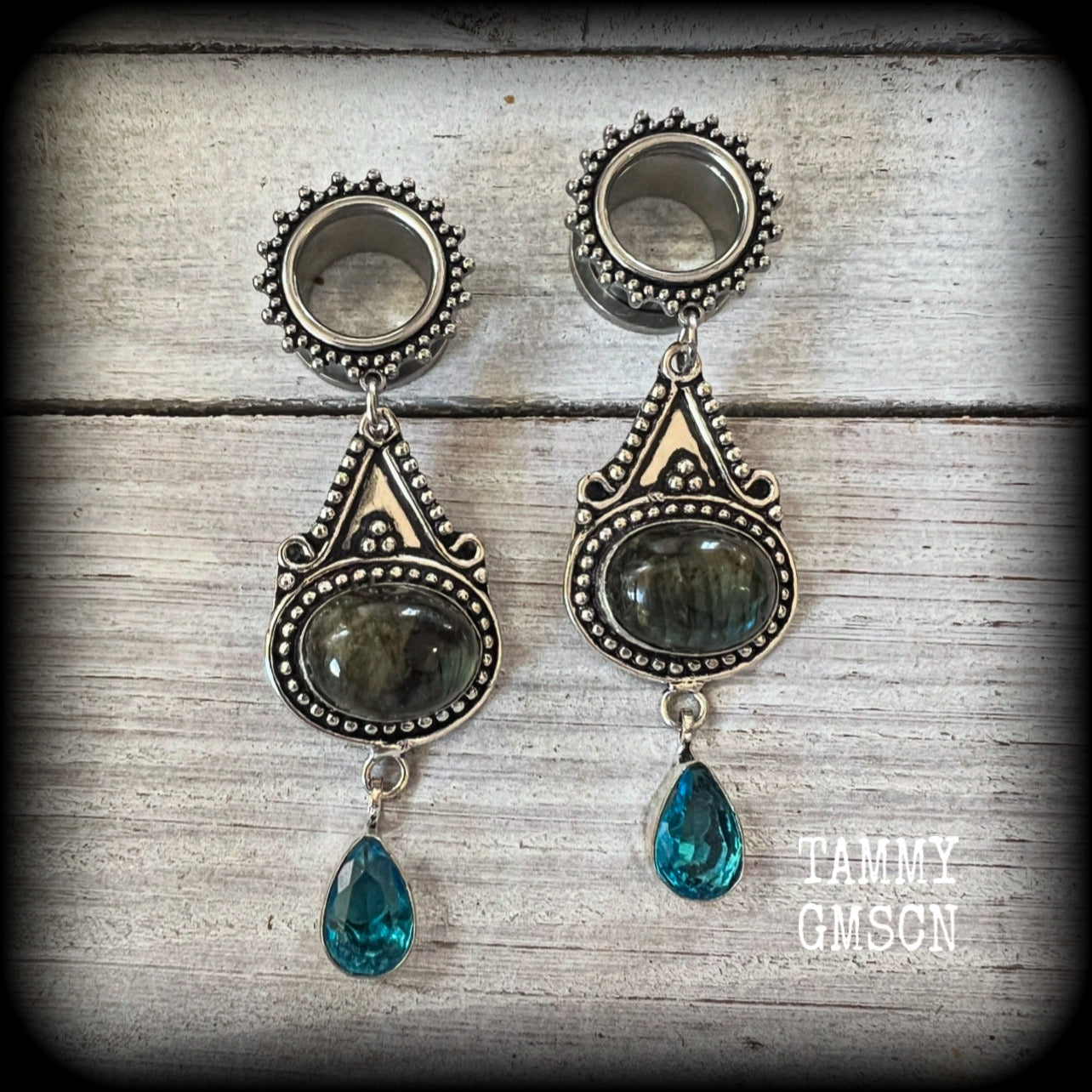 Ornate Labradorite and topaz gemstone tunnel earrings