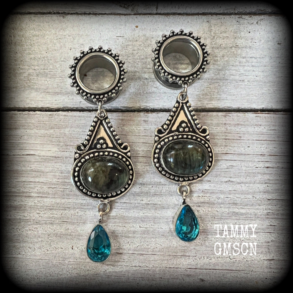 Ornate Labradorite and topaz gemstone tunnel earrings