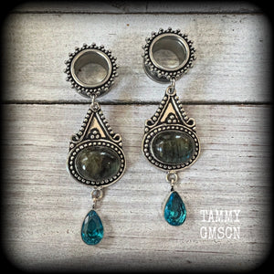 Ornate Labradorite and topaz gemstone tunnel earrings