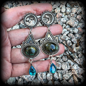 Ornate Labradorite and topaz gemstone tunnel earrings