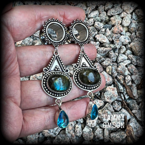 Ornate Labradorite and topaz gemstone tunnel earrings