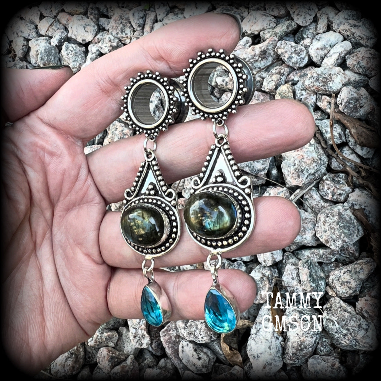 Ornate Labradorite and topaz gemstone tunnel earrings