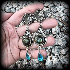 Ornate Labradorite and topaz gemstone tunnel earrings
