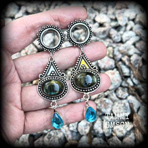 Ornate Labradorite and topaz gemstone tunnel earrings