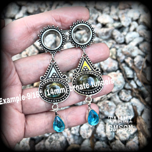 Ornate Labradorite and topaz gemstone tunnel earrings